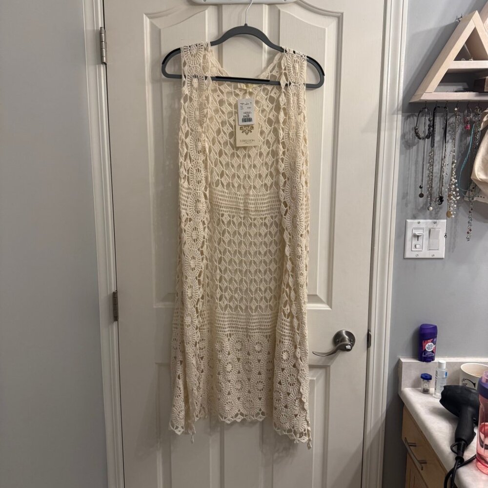 Rebellion Again cream crochet lace sleeveless long vest / duster – new with tags